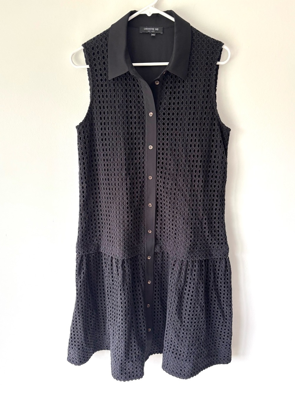 Lafayette 148 New York Black Sleeveless Mini Dress Tiered Eyelet Quiet Luxury